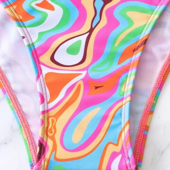 Colorful Fluid Print Triangle Bikini Sets Halter Neck Two Piece Swimsuit - Picture 4 of 6